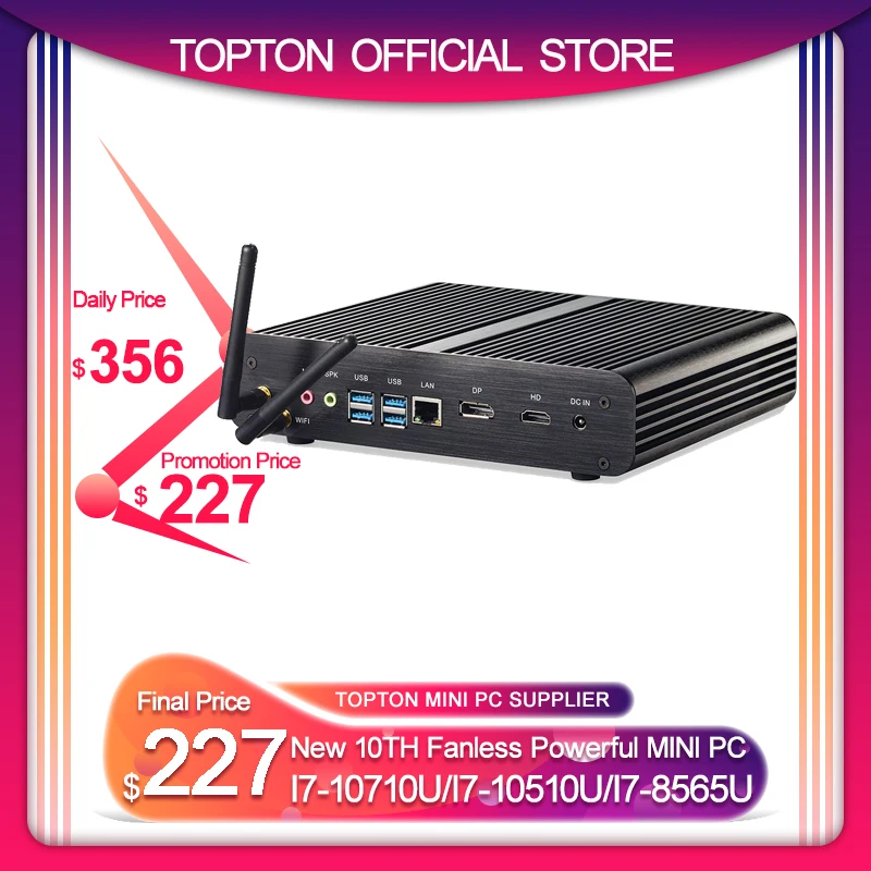 Мини компьютер без вентилятора Topton i7 8550U/7560U i5 8250U/7260U 2 * DDR4 Msata + M.2 SSD Micro PC Win10 Pro Barebone