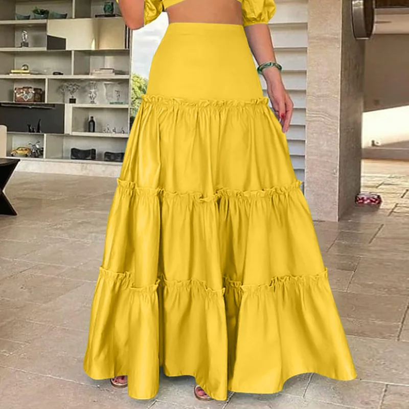 

Elegant Office Ladies Skirt 2021 VONDA Party Maxi Skirts Faldas De Mujer Solid Color High Waist Pleated Skirts Femme