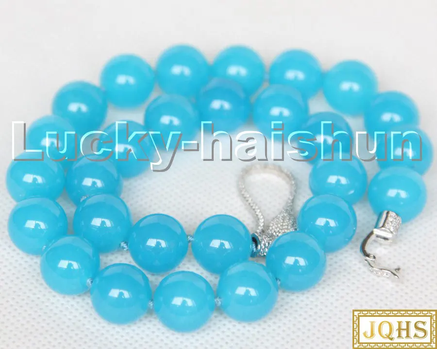 

JQHS 45.72cm 14mm Round Sky-blue Jade Necklace White Gold Filled Clasp C350