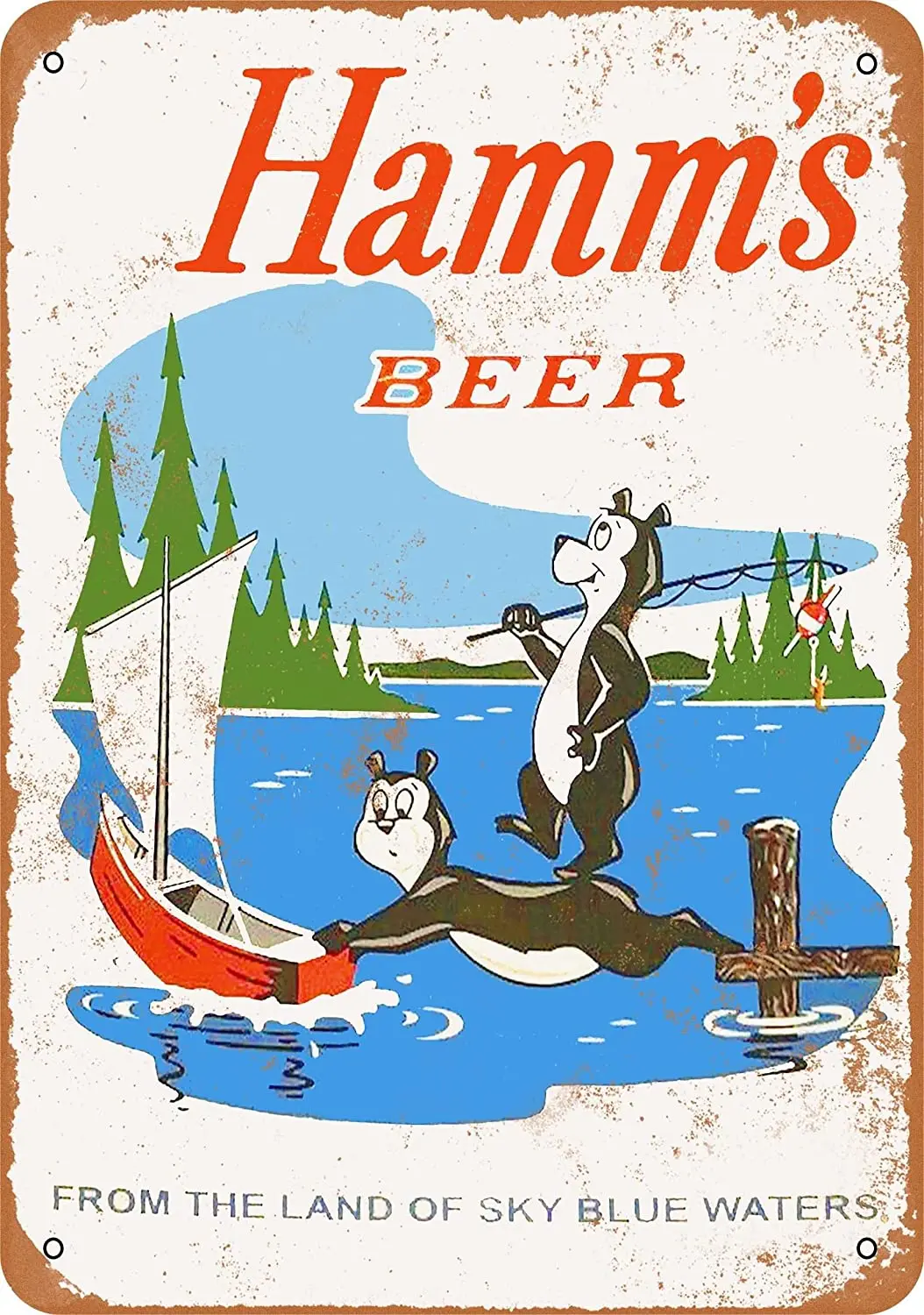

WallColor 8*12 Metal Sign 1956 Hamm's Beer Bears Fishing Vintage Look