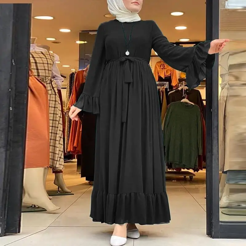 

Women's Autumn Ruffle Sundress ZANZEA Vintage Casual Muslim Dress Hijab Dress Female Hollow Maxi Vestidos Robe Belted