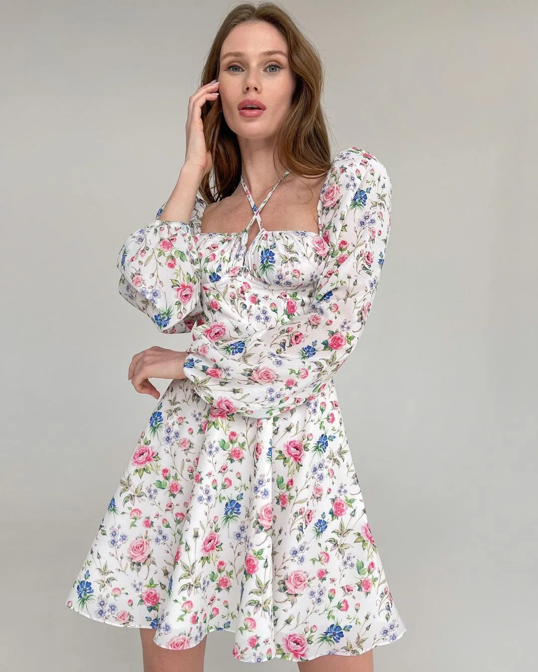 

Женское платье-трапеция с принтом, облегающее платье с длинным рукавом и лямкой на шее в стиле пэчворк, одежда для весны и осени