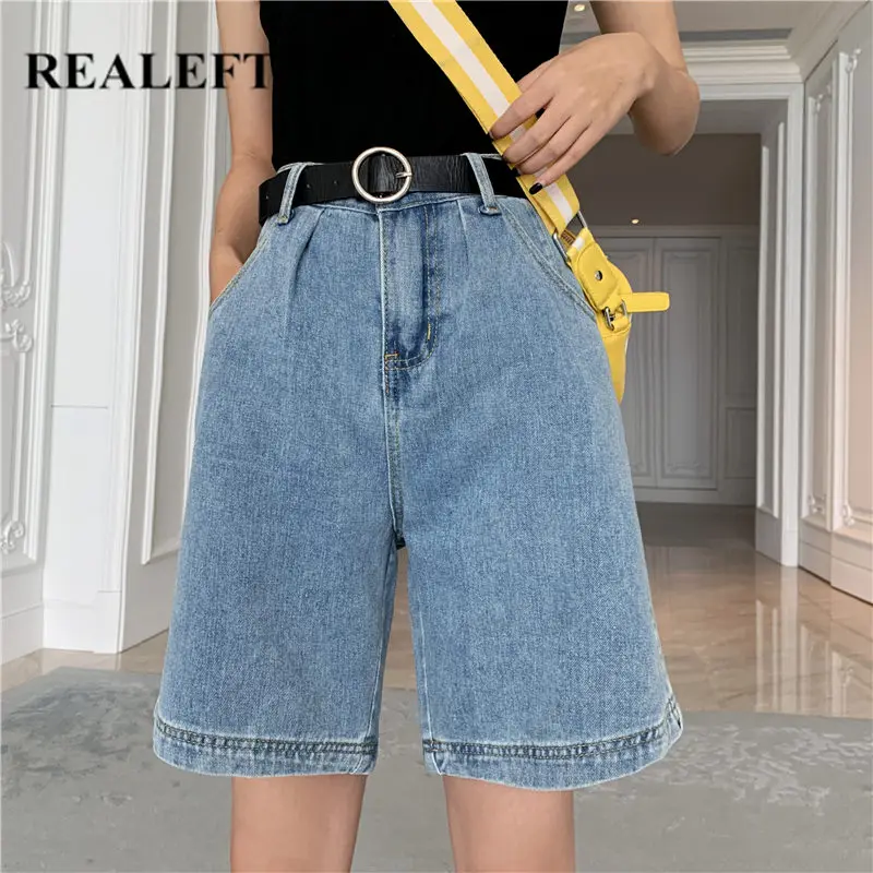 

REALEFT 2020 New Summer Denim Half Pants High Waist Chic Wide Leg Jeans Pants Korean OL Style Elegant Loose Trousers Pocket