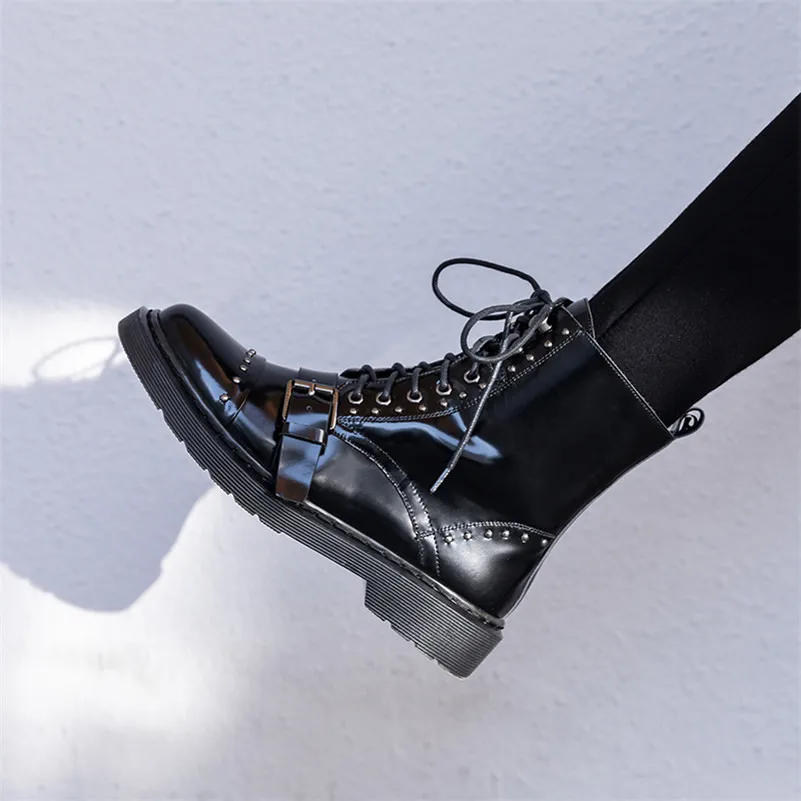 

Meotina Winter Motorcycle Boots Women Natural Genuine Leather Buckle Flat Ankle Boots Punk Rivets Zipper Shoes Lady Autumn 34-39