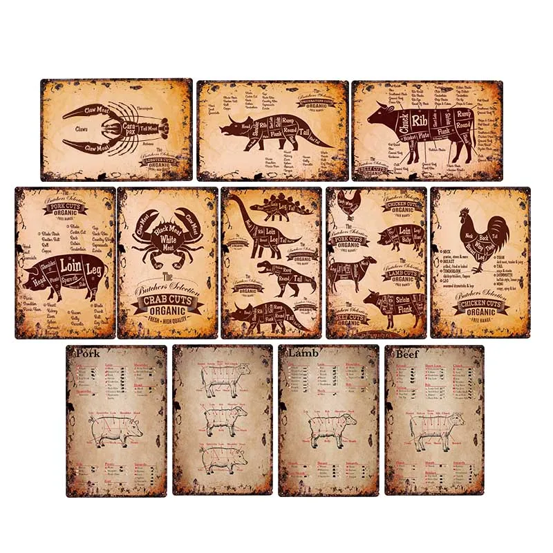 

Butcher Shop Tin Signs Retro Farmhouse Decor Kitchen Plaque Beef Poster Cafe Wall Decoration Home Decor 20x30cm