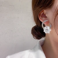 korean fashion style white flower stud earrings for women semicircle rhinestones earrings weddings party jewelry gifts 2021