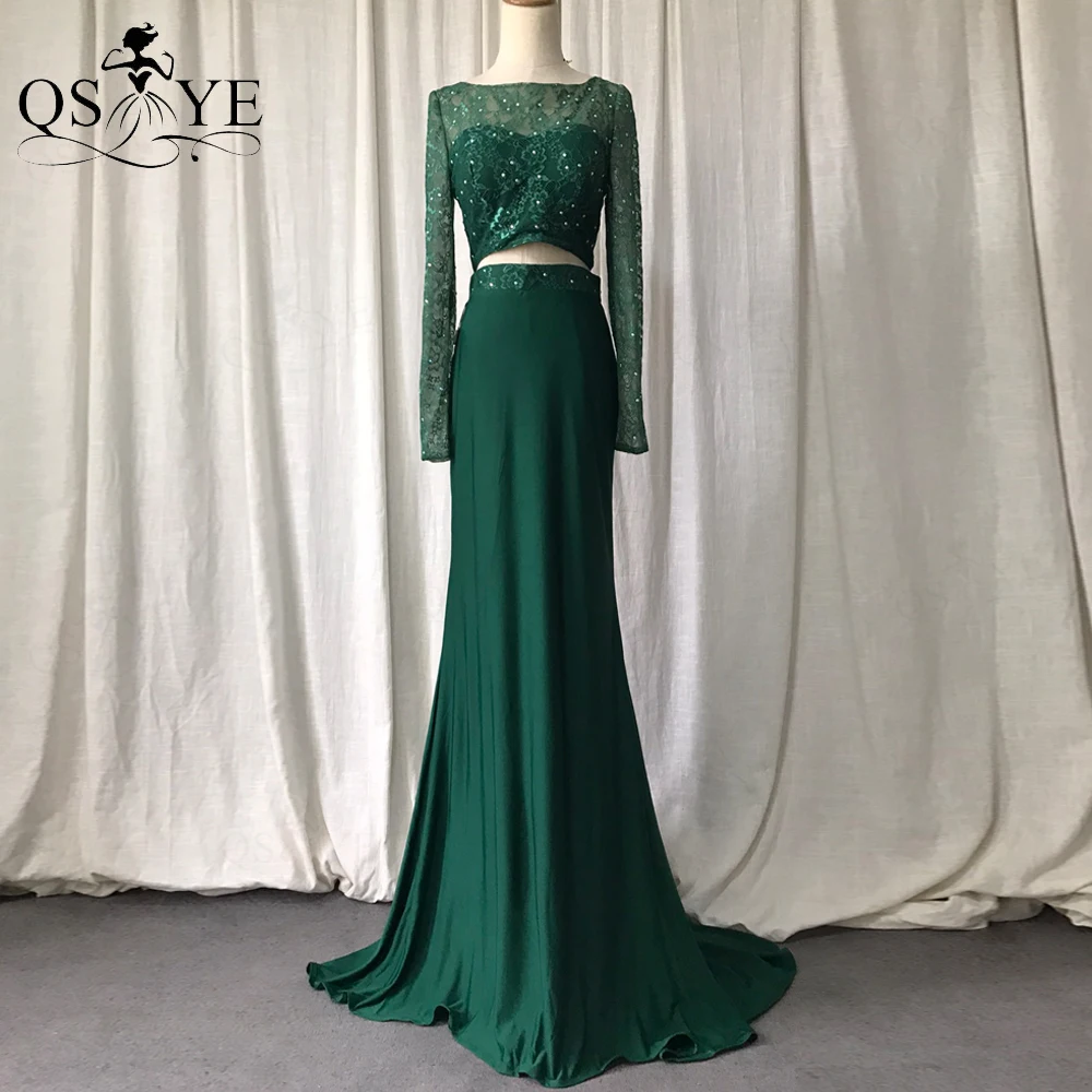 

Green Prom Dress Long Sleeves Stretch Evening Gown Lace Two Pieces Party Formal Gown Scoop Neck Mermaid Slim Lace Women Dresses