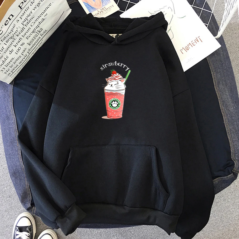 

Korea Style Strawberry Coffee Cat Hoodies Plus Size Hoodie Harajuku Pullovers Sweatshirt Winter Clothes Women Kawaii Clothing