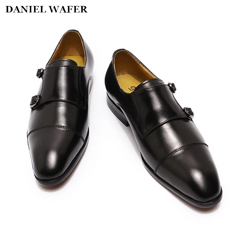 Zapatos de vestir de piel aut&eacute;ntica para ni&ntilde;os, calzado de alta calidad, Punta puntiaguda, correa de monje, fiesta para ni&ntilde;os, boda, escuela, negro y rojo-2