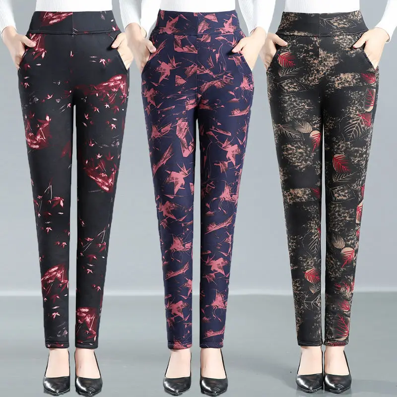 

2021 Women Winter Autumn Middle Age Thick Velvet Leggings Female High Elastic Waist Print Trouser Lady Warm Loose Pant L274