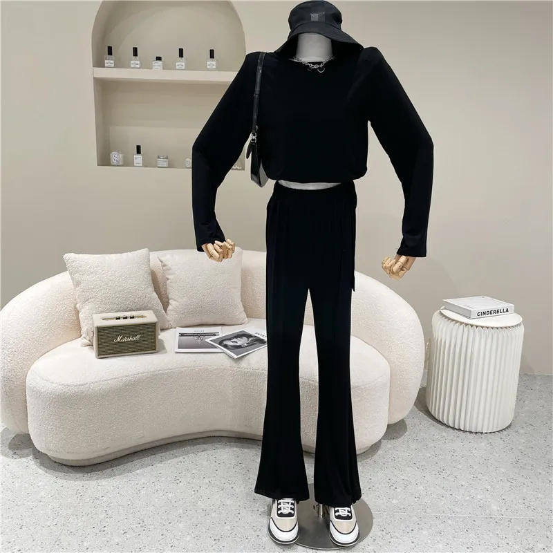 

Two piece set Women's Spring Summer 2021 Fashion Slim fit Long Sleeve Top + high waist thin and wide leg pants