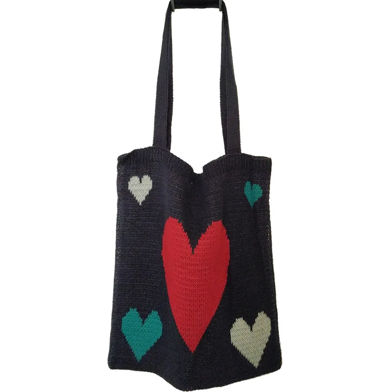 

Korean version of chic cute girl heart knitted bag female shoulder Japanese spring college student tote bag bag women