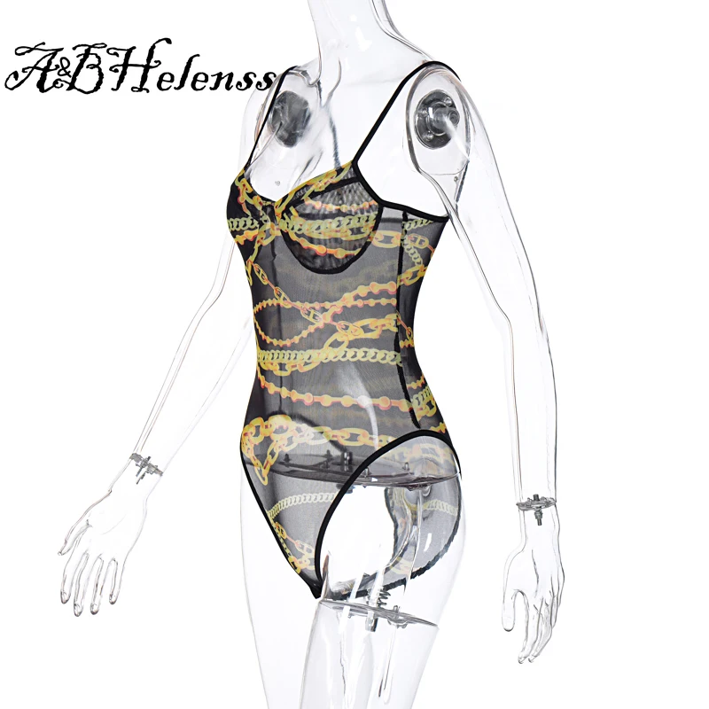 

A&BHelenss 2021 Summer Women Fashion Streetwear Body Romper Gold Chains Print Mesh Sexy Sleeveless Bodysuit