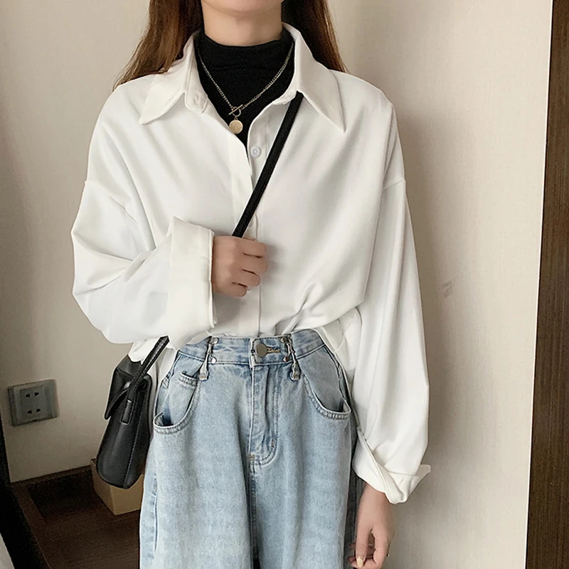 

2021 Fashion Chic Solid Shirts Long Sleeve Button Up Loose Blouse Plus Size Shirts Oversize White Purple Tops Boyfriends Style