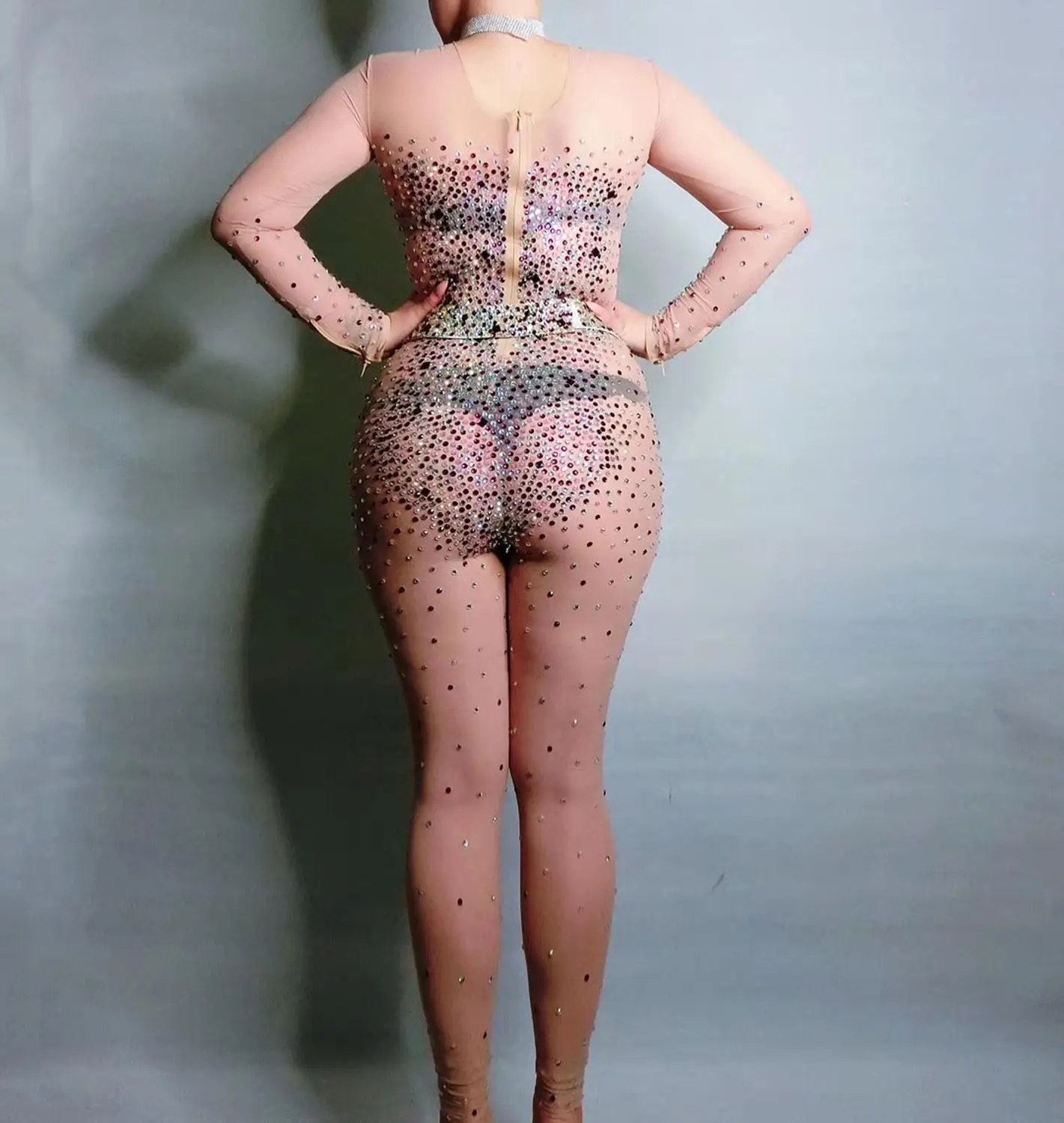 Сексуальный комбинезон телесного цвета со стразами женские Стрейчевые