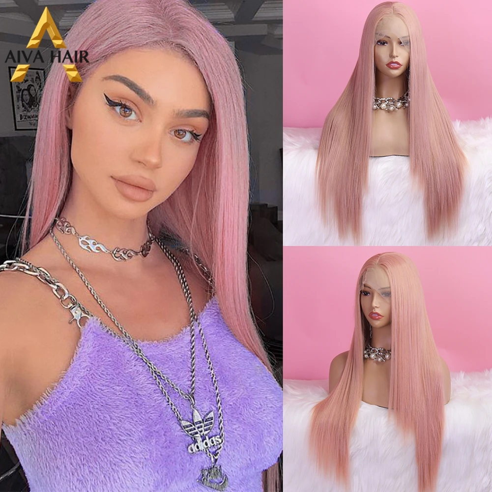 Cabelo de Fibra Dianteira do Laço Perucas para Preto Aiva Alta Temperatura Peruca Sintético Longa Reta Rosa Ombre Azul Cosplay