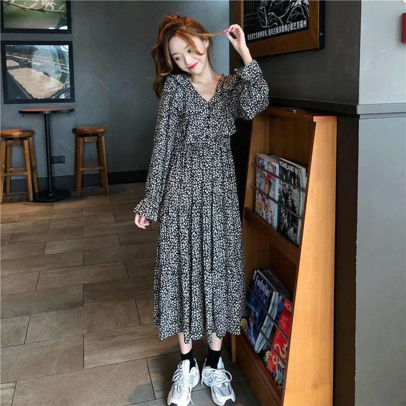 

Весеннее Цветочное платье средней длины, женские платья-трапеции в Корейском стиле с оборками, женское весеннее платье с расклешенным рука...