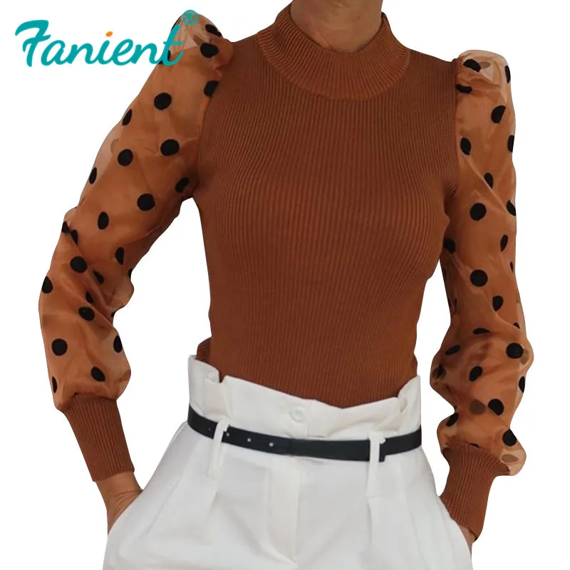 Трикотажный прозрачный пуловер с пышными рукавами Осенний женский зимний топ в