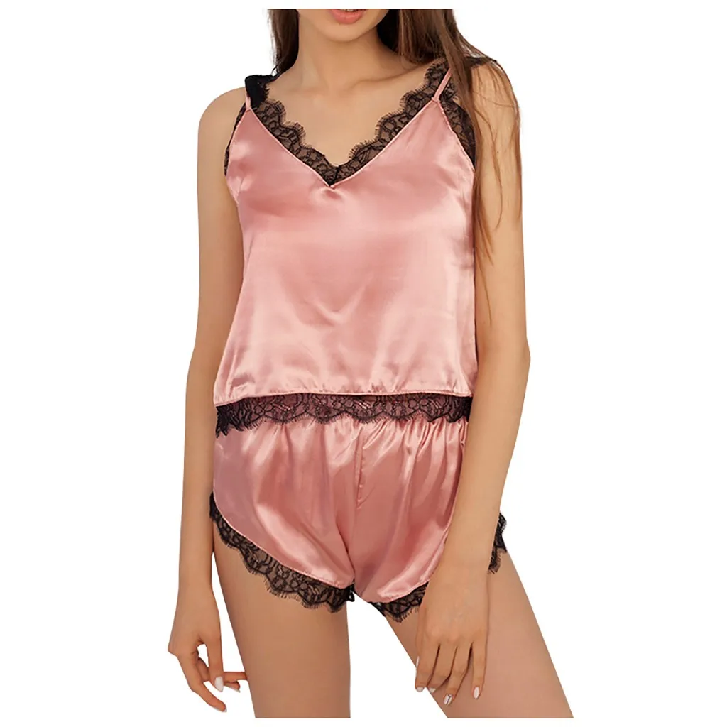 

Satin Women Sleepwear set Silky Pajamas set Bow summer camis + tops pajamas for women sexy lace pyjama femme