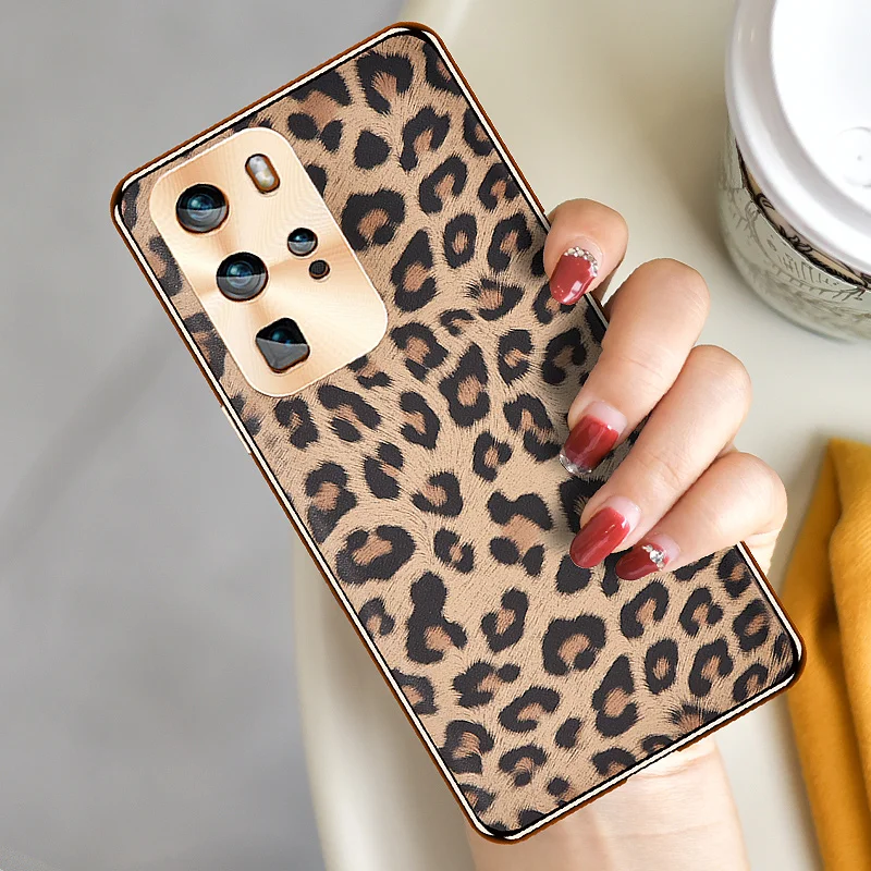 

Модный чехол из натуральной кожи с леопардовым узором для Huawei P40/ Pro/ Plus, роскошный тонкий защитный чехол-накладка с металлической крышкой дл...