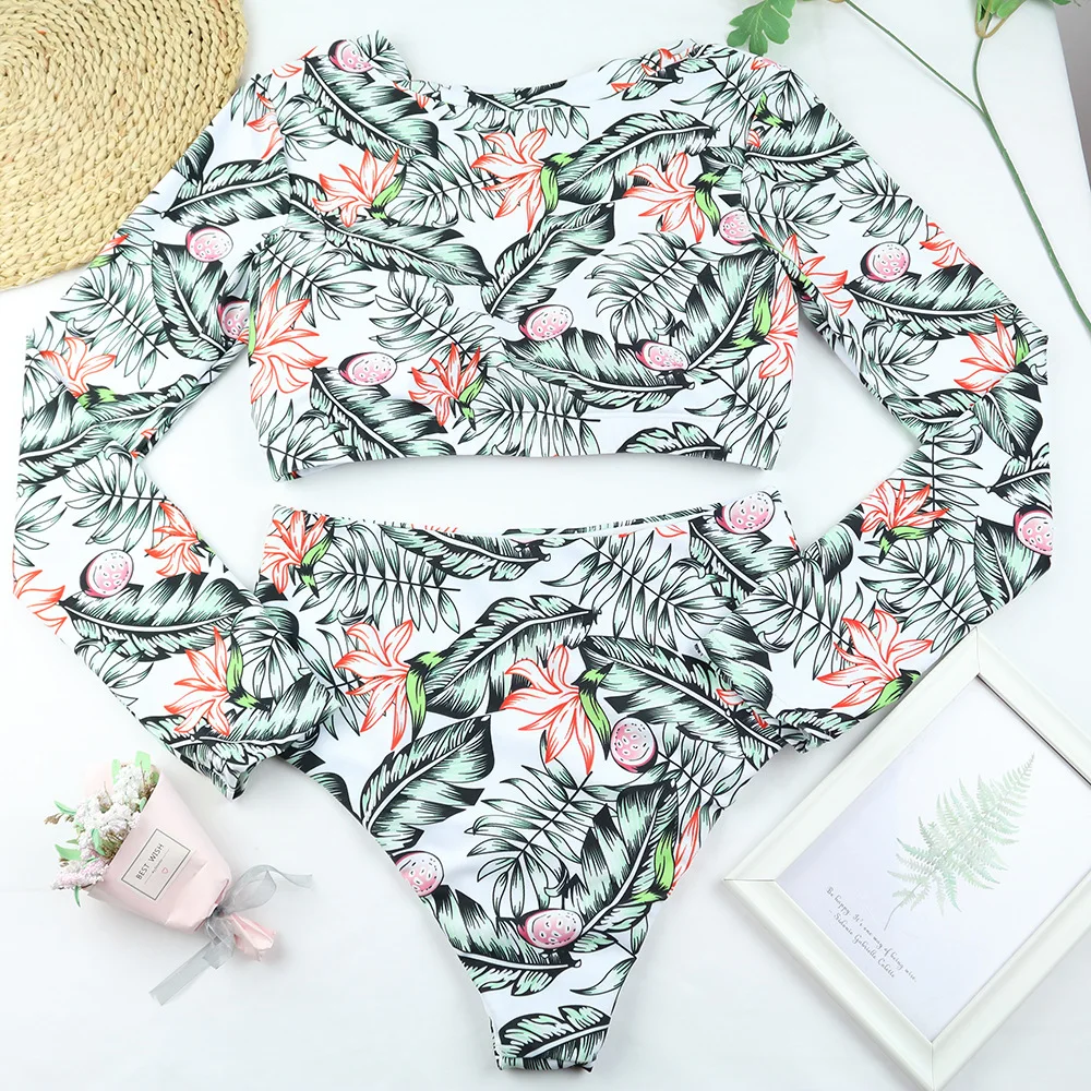 

2021 New Bikini Swimsuit Long Sleeve Swimsuit Leaf Print Wetsuit High Waist Swimsuit Bathing Suit Women Swimwear Bikini Set