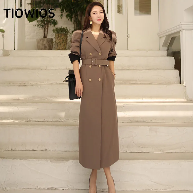 

TIOWIOS 2021 New Woman Winter Korean Version OL Temperament Slim Suit Collar Belt Waist Long Windbreaker Coat Female