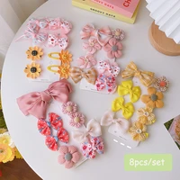 8pcsset cute cartoon hairpin children dot plaid floral knit cotton bowknot bangs side clip headwear gift for girls