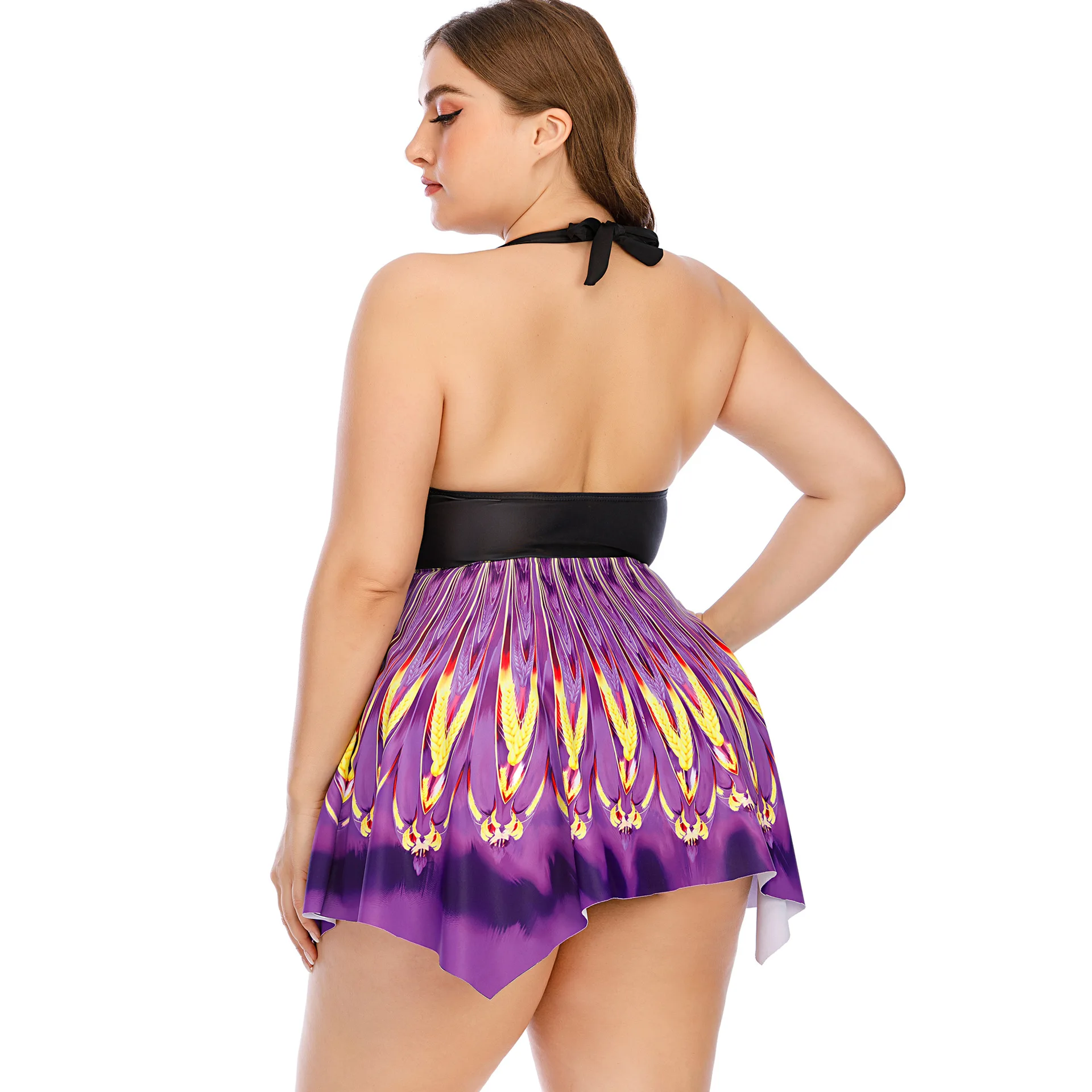 

2021 Summer Charming O-neck Plus Size Swimwear Holiday Beach Style Sleeveless Backless High Waist Bikini Suits Hot Selling