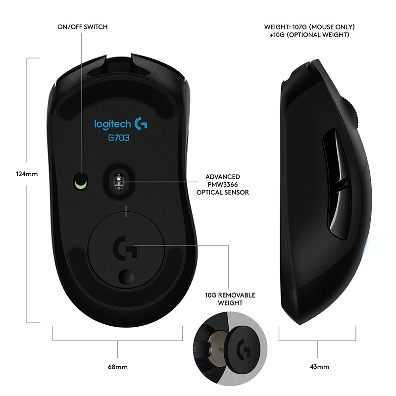Игровая мышь Logitech G703 механическая проводная и беспроводная RGB 25K hero 25600DPI с двойной