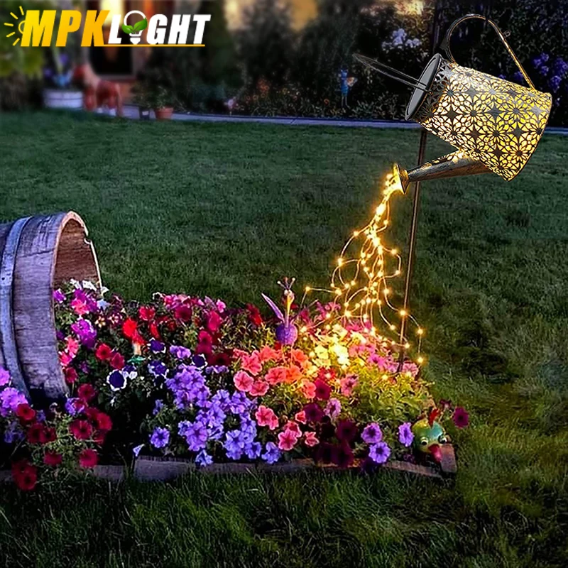 Solar Powered Wrought Iron Hollow Lamp Trapezoid Watering Can Sprinkles Fairy Light Waterproof Shower Lights Christmas Gardland