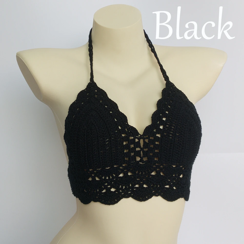 10 Colors Have Lining Womens Bikini Top Sexy Crochet Knit Separate Female Swimsuit Push Up Bra Beachwear Plus Size Bathing Suits - Цвет: black top