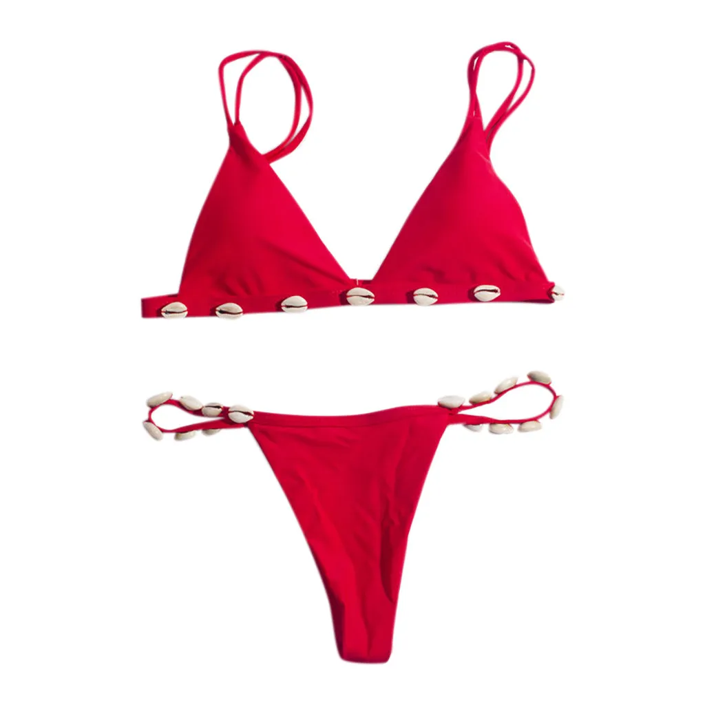 Женское бикини 2020 сексуальный однотонный комплект с ракушками и эффектом пуш-ап