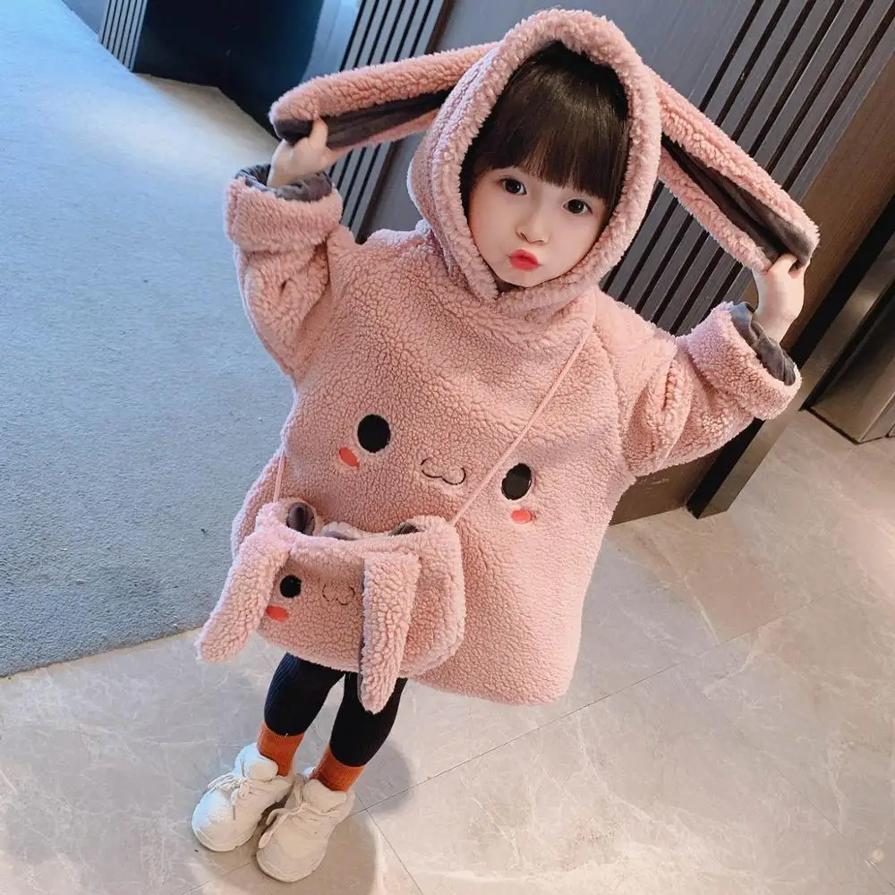

New Bear Ear Winter Spring Warm Girls Sweater Kids Plus Velvet Toddler Teens Tops Thicken Children Pink Purple Send Bag