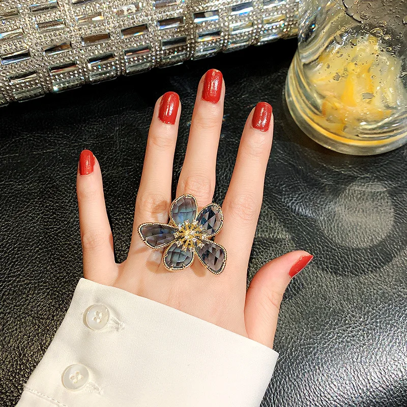 RAKOL New Arrival Big Crystal Gold Color Open Rings Leaf Flower Adjustable for Women Wedding Party Jewelry RRL1055 | Украшения и