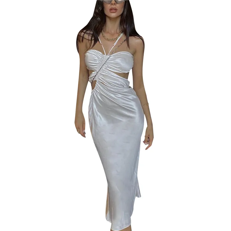 

Sexy Backless Ruched Hot Sexy Midi Dresses Women Strap Sleeveless Party Clubwear Solid Skinny Bodycon Dress 2021 New