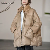 schinteon women light down jacket over size white duck down coat loose warm autumn winter casual three quarter sleeve outwear