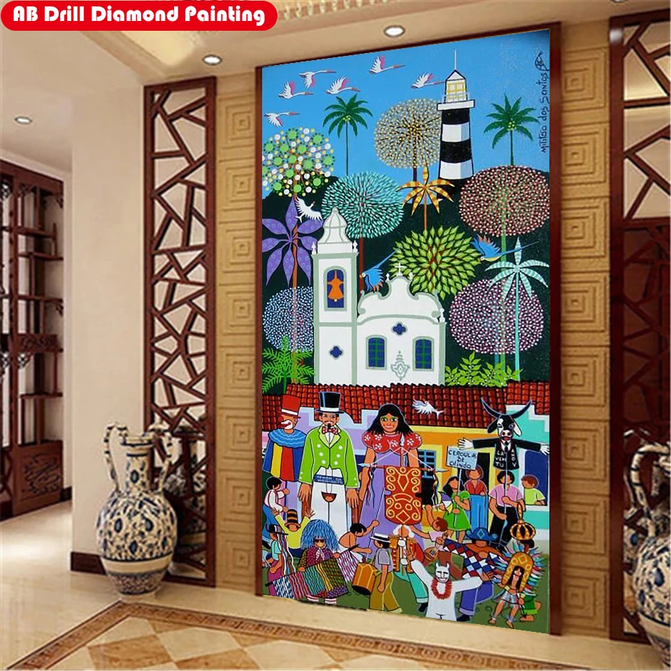 

Cartoon cottage scenery 5D DIY AB diamond painting kit pour glue full circle diamond embroidery mosaic home decoration