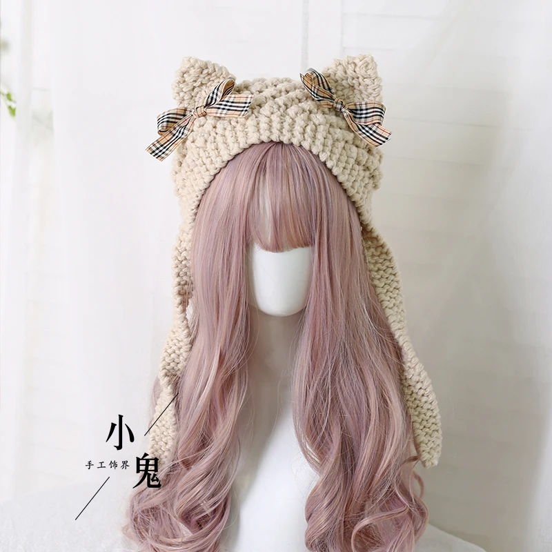 Шапка Вязаная Шерстяная осенне-зимняя для девочек с кошачьими ушками - купить по