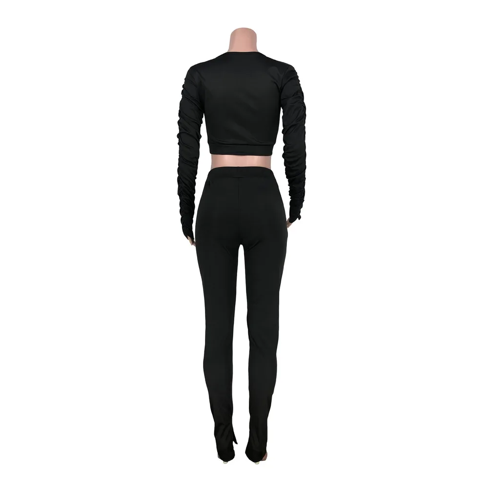 

Round Neck Pleated Full Sleeve Crop Short Tops Empire Waist Slim Fit Split Pencil Pants Solid Color Exposed Navel 2 Piece Suits