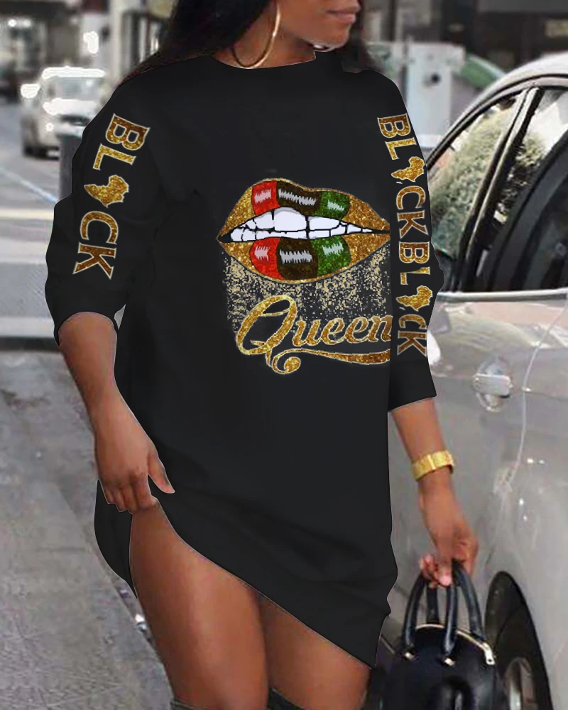 

2021 Plus Size Women Clothing Street Style Winter Long Sleeve Casual Dresses Fashion Round Neck Poker Letter Print Dress