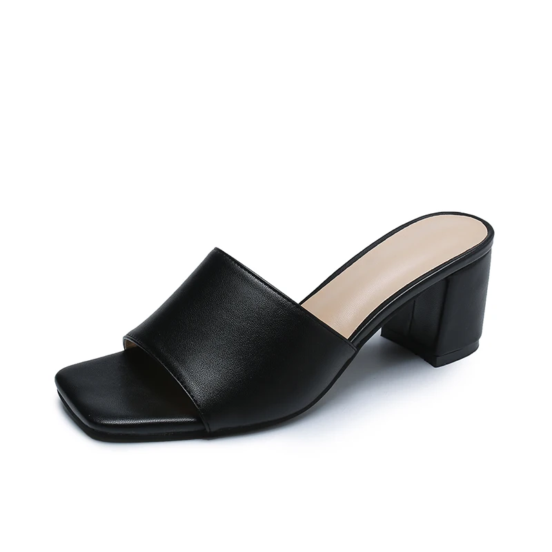

2021 Korean version of the new summer high-heeled women's slippers solid color cool square-head high-heeled slippers women