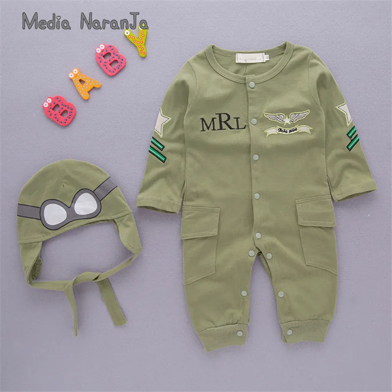 Baby Boy Infant Green Full Sleeves Pilot Aviator Romper+Hat 2pcs Set Playsuit Outfit Jumpsuit Rompers Cotton Costume | - Фото №1