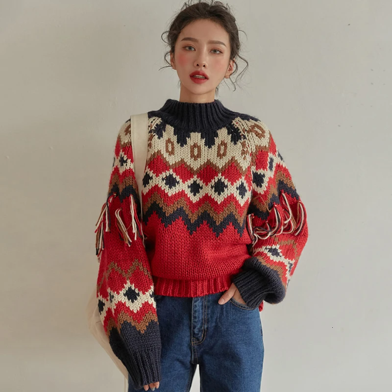 SHENGPALAE Chic Autumn Western Style Hit Color Diamond Dotted Tassels Design Pullover Round Neck Knitting Woman Sweater FT742 | Женская