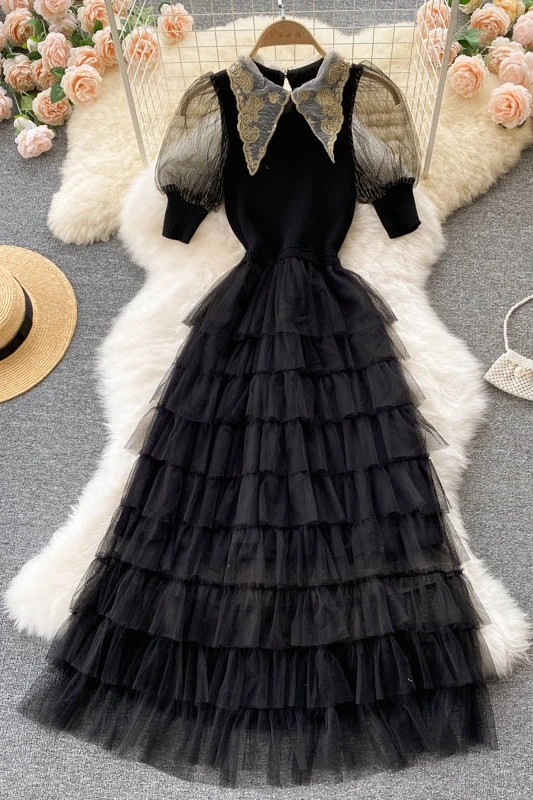 

Black mesh Tulle palace dress women turn down collar collect waist Solid ball gown dresses elegant party fairy cake dress summer