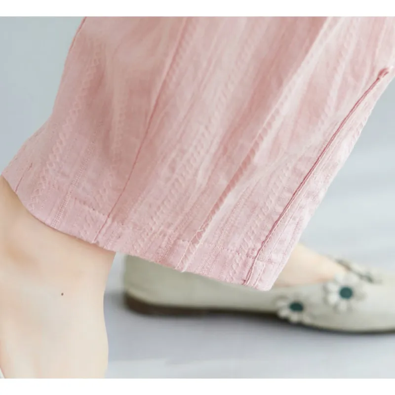

2021 New Retro Linen Cotton Yellow Red Pink Women Loose Pant Sets Retro Summer Short Sleeve Blouse Tops + Cropped Trousers Suit