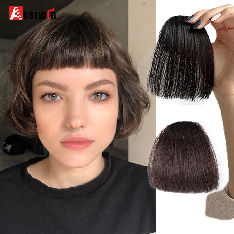 AOSIWIG Synthetic Pure Blunt Above the Eyebrows Bangs Hair Extension Wig Natural Black Light Dark Brown High Temperature Fiber