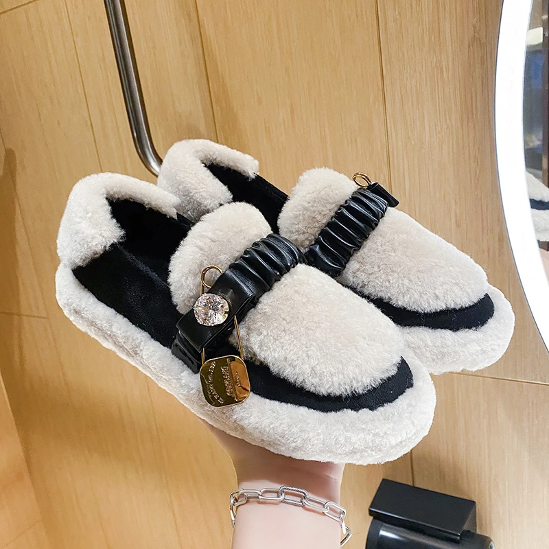 

Новинка 2021, женские лоферы на плоской подошве с круглым носком, меховые Универсальные женские повседневные кроссовки смешанных цветов, жен...