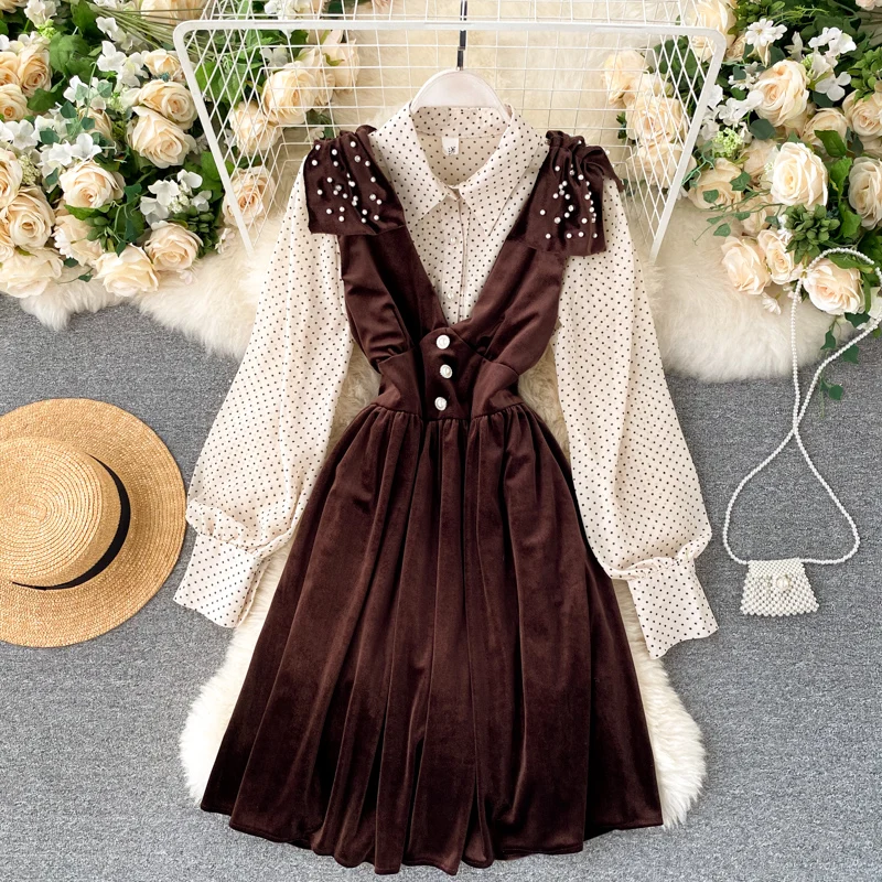 

2020 New Women's Fashion Long Sleeve Dot Print Elegant Shirt + Sleeveless High Waist Bead Velvet Dress Two Piece Sets J13