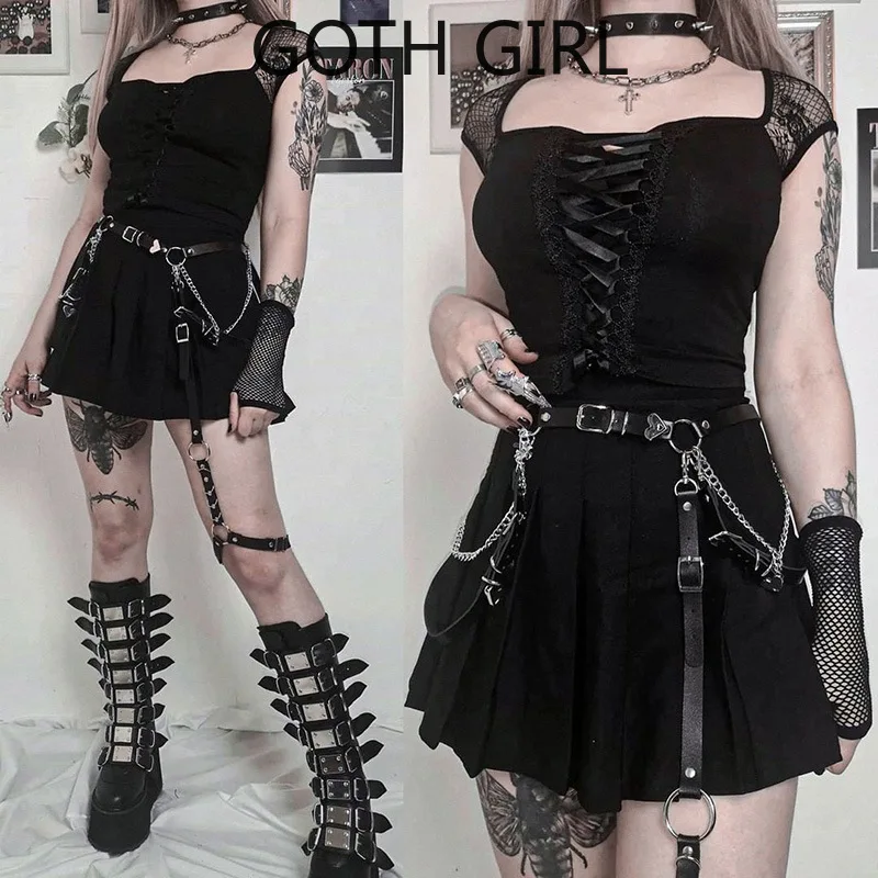 Женская кружевная блузка Goth Girl сексуальная рубашка с коротким рукавом и