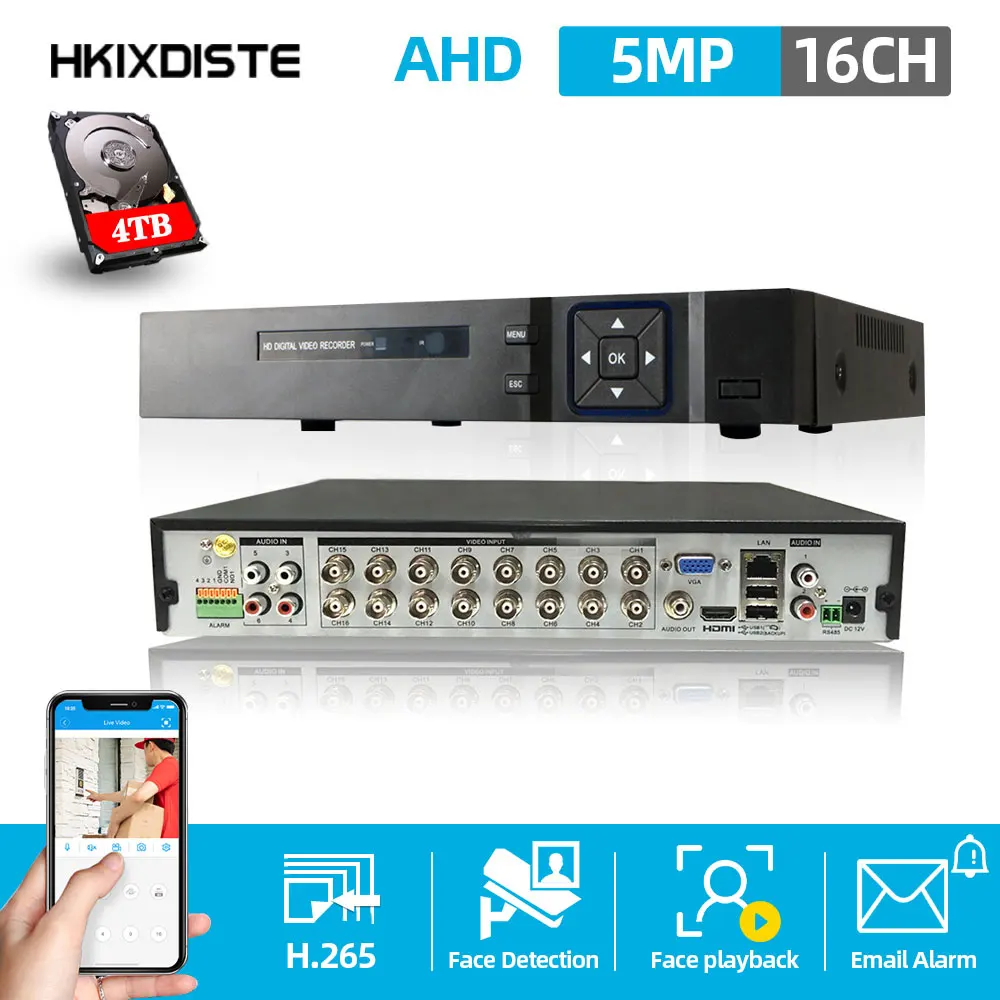AI распознавание лица 5в1 AHD DVR 16CH CVBS TVI аналоговые IP камеры HD P2P Облако H.265 VGA HDMI видео